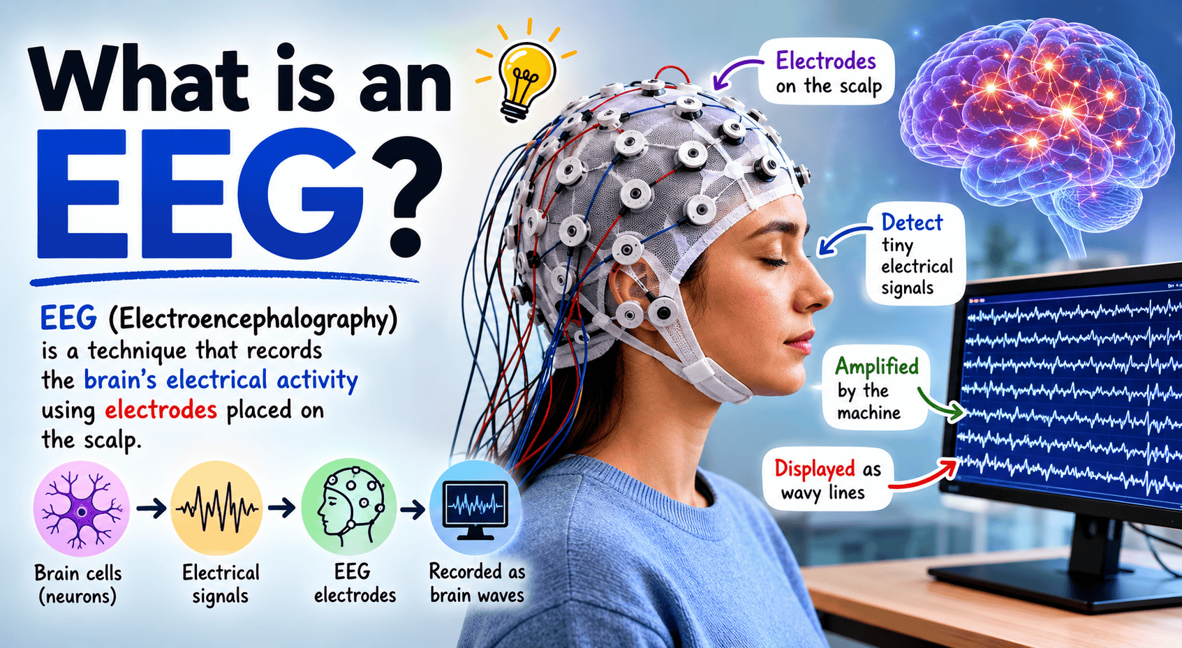 EEG cap recording brain waves during neuroscience experiment
